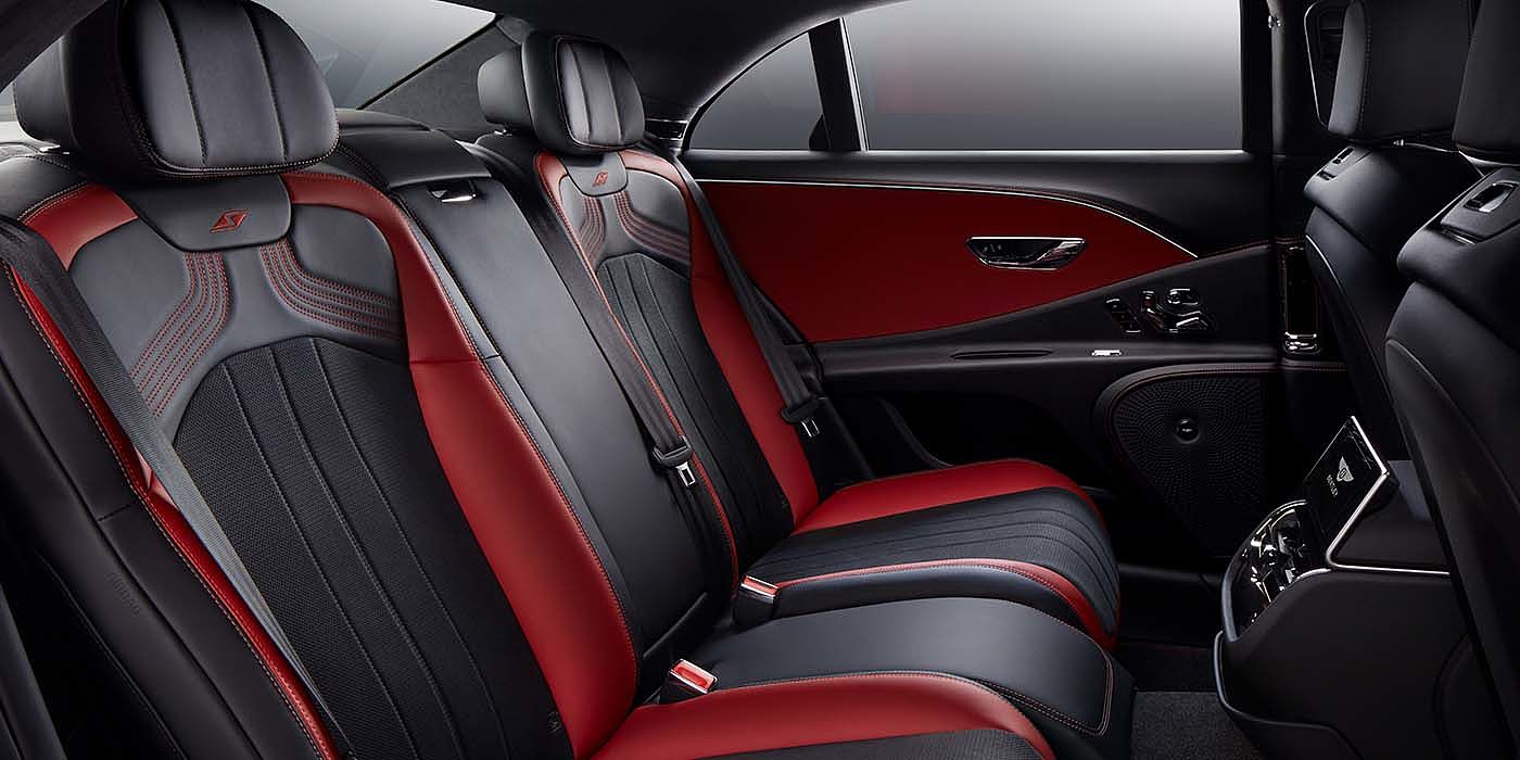 Bentley Kaohsiung Bentley Flying Spur S sedan rear interior in Beluga black and Hotspur red hide with S stitching