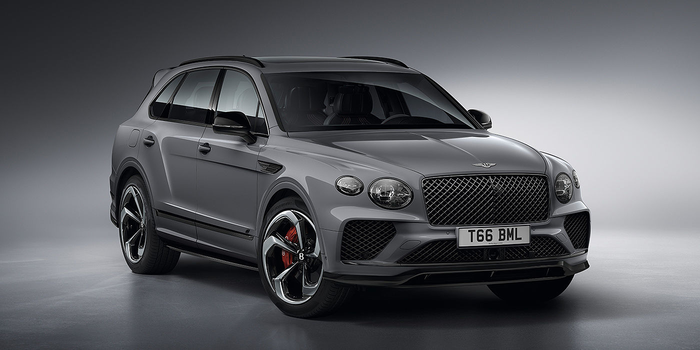 Bentley Kaohsiung Bentley Bentayga S in Cambrian Grey paint front three - quarter view with dark chrome matrix grille and featuring elliptical LED matrix headlights. 