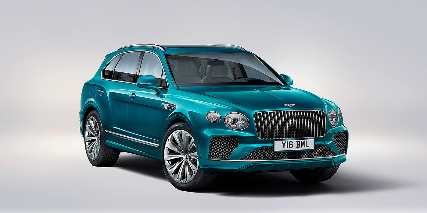 Bentley Kaohsiung Bentley Bentayga Azure front three-quarter view, featuring a fluted chrome grille with a matrix lower grille and chrome accents in Topaz blue paint.