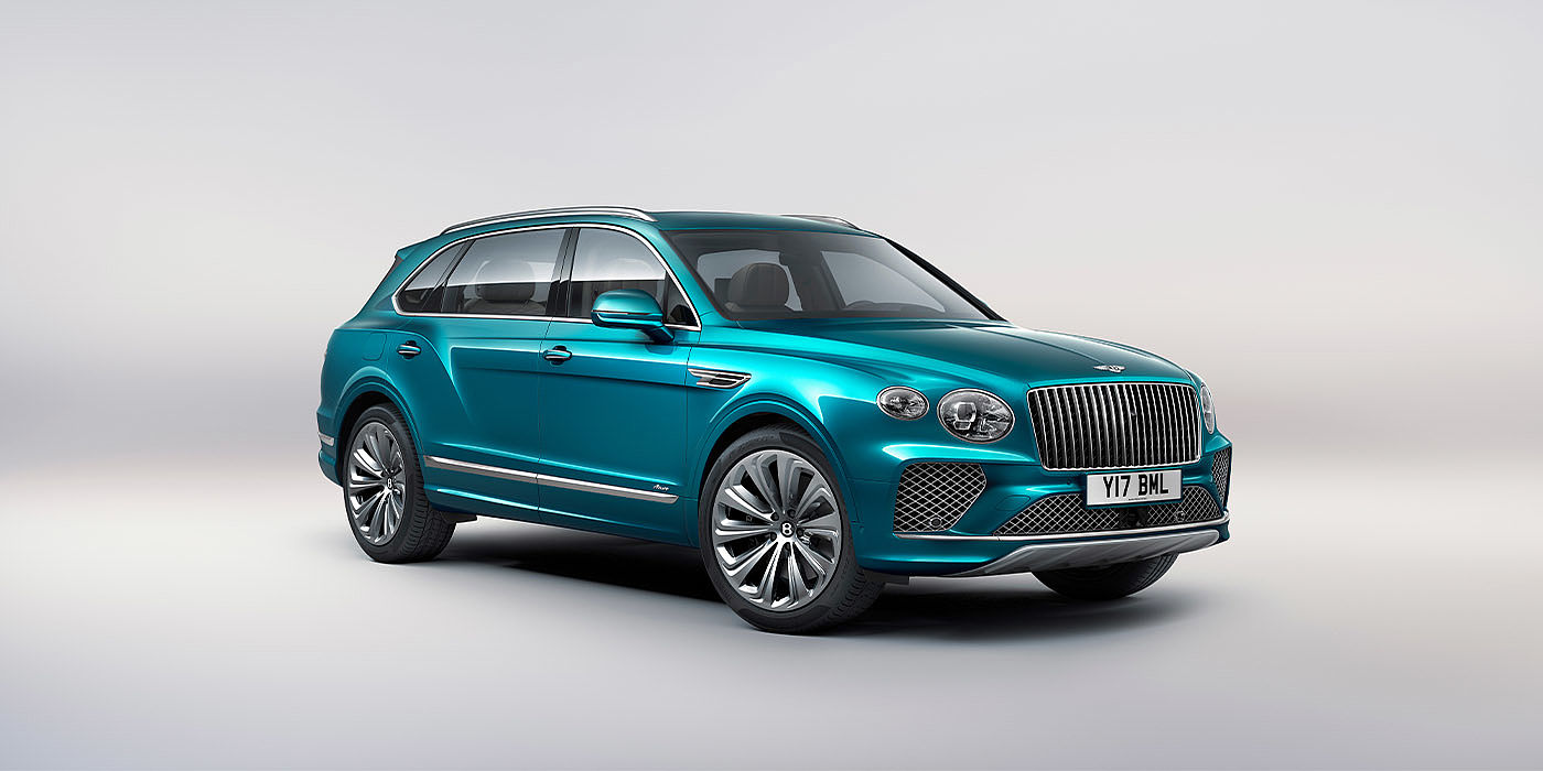 Bentley Kaohsiung Bentley Bentayga EWB Azure front three-quarter view, featuring a fluted chrome grille with a matrix lower grille and chrome accents in Topaz blue paint.