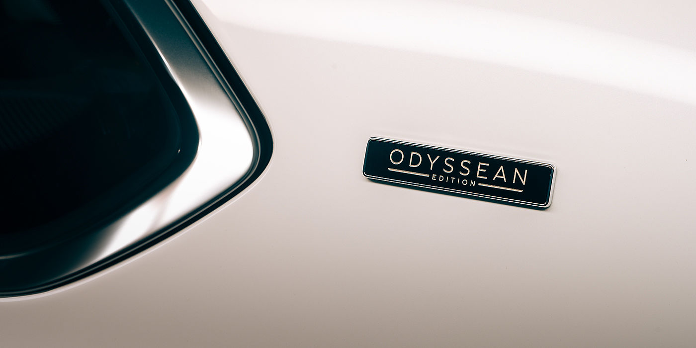 Bentley Kaohsiung Bentley Bentayga Odyssean Edition SUV Odyssean badge close up with Snow Quartz Pearlescent by Mulliner paint