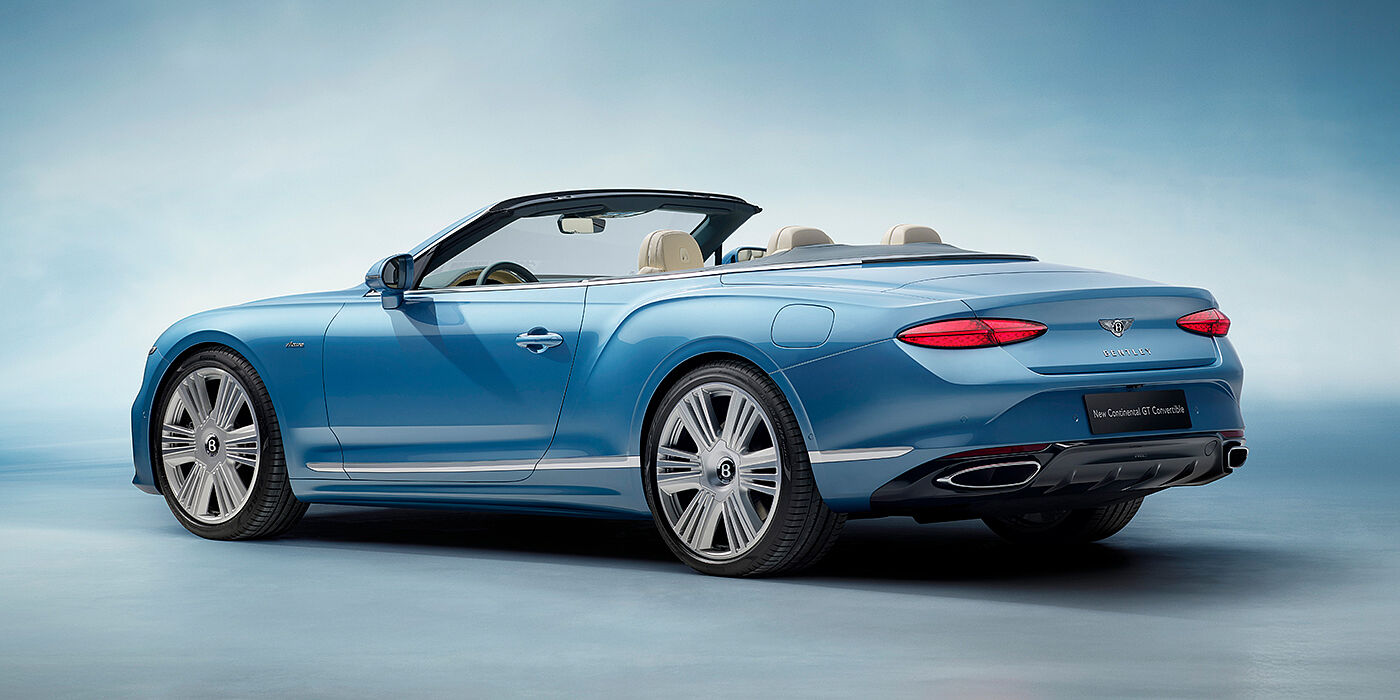 Bentley Kaohsiung New Bentley Continental GTC Azure convertible rear view in Light Windsor blue paint with 22 inch ten spoke wheels and chrome exterior details