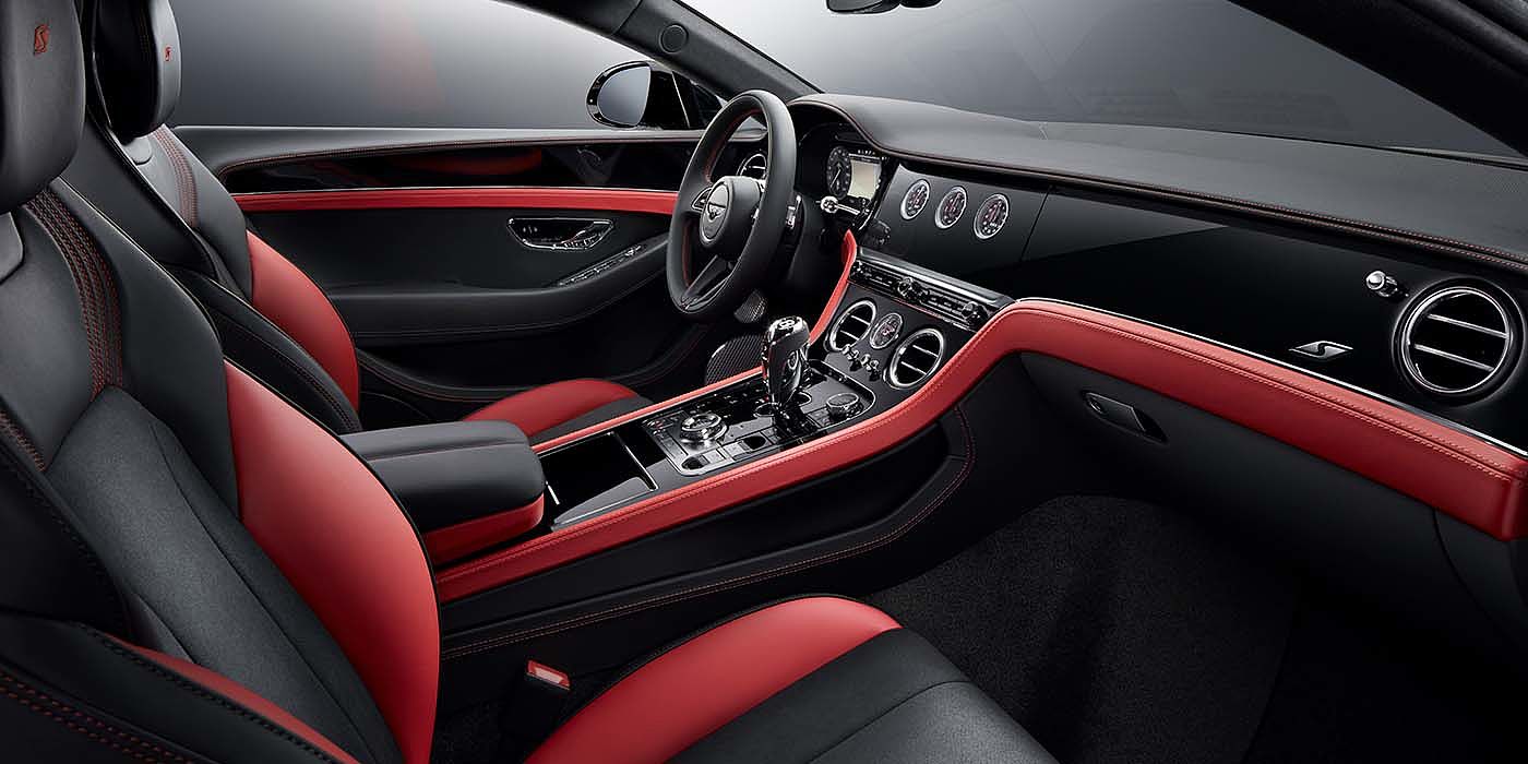 Bentley Kaohsiung Bentley Continental GT S coupe front interior in Beluga black and Hotspur red hide with high gloss Carbon Fibre veneer