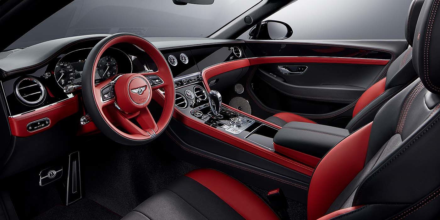 Bentley Kaohsiung Bentley Continental GTC S convertible front interior in Beluga black and Hotspur red hide with high gloss carbon fibre veneer