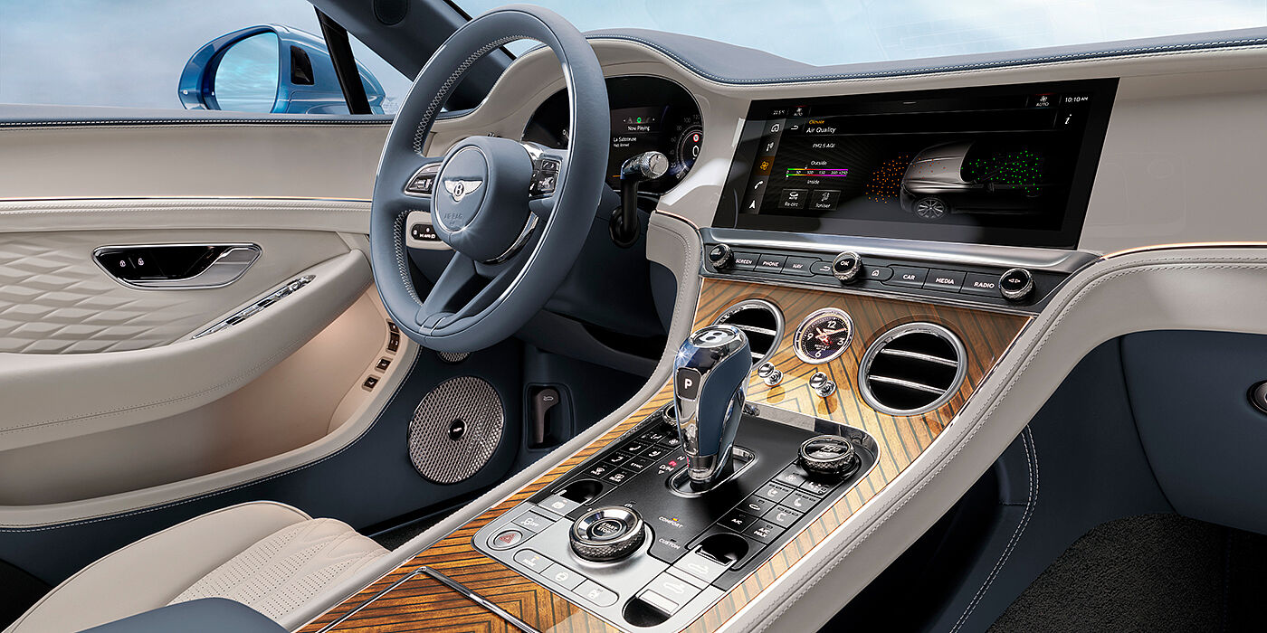 Bentley Kaohsiung New Bentley Continental GTC Azure convertible interior front cabin view with Linen and Brunel hides and Piano Linen by Mulliner veneer featuring centre console and centre MMI screen
