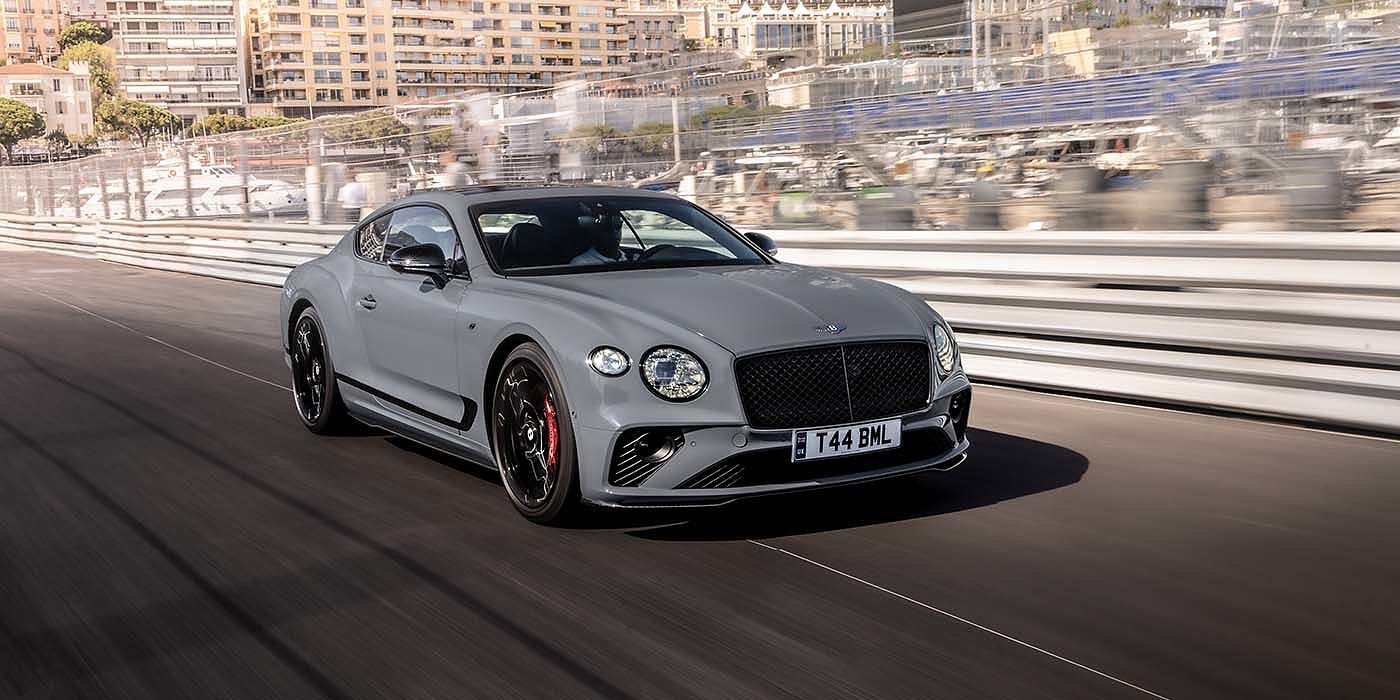Bentley Kaohsiung Bentley Continental GT S coupe in Cambrian Grey paint front 34 dynamic driving on track