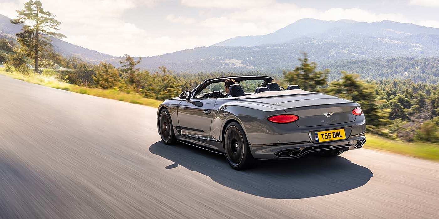 Bentley Kaohsiung Bentley Continental GTC S convertible in Cambrian Grey paint rear 34 dynamic driving