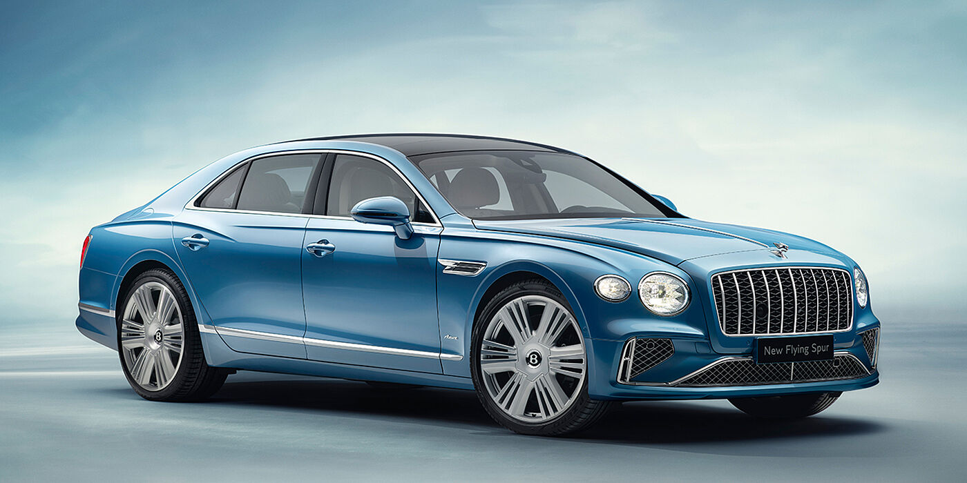 Bentley Kaohsiung New Bentley Flying Spur Azure sedan front view in Light windsor blue by Mulliner paint with 22 inch Azure wheels and chrome exterior details