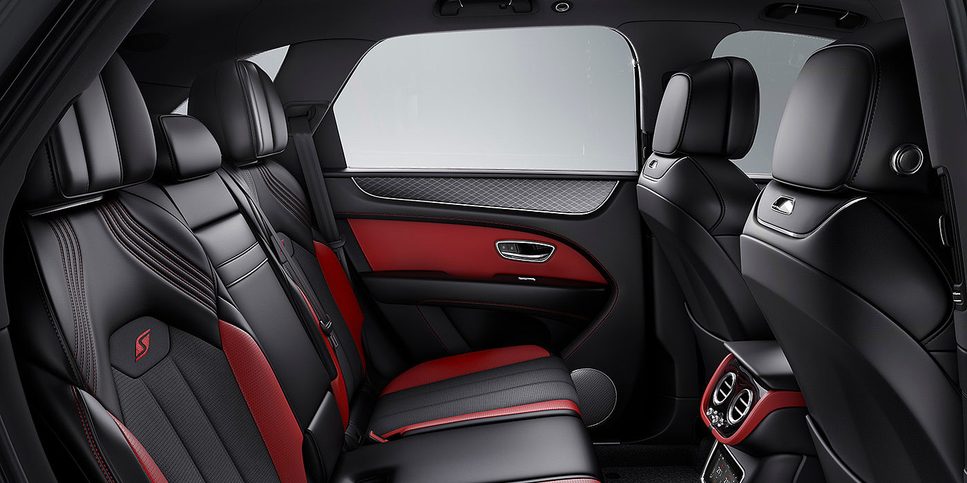 Bentley Kaohsiung Bentey Bentayga S interior view for rear passengers with Beluga black and Hotspur red coloured hide.