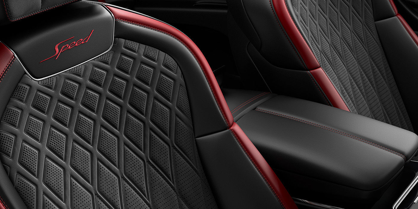 Bentley Kaohsiung Bentley Flying Spur Speed sedan seat stitching detail in Beluga black and Cricket Ball red hide