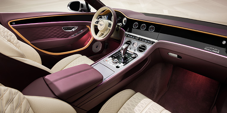 Bentley Kaohsiung Bentley Continental GTC Mulliner convertible front interior including Linen and Damson purple hides and Grand Black veneer