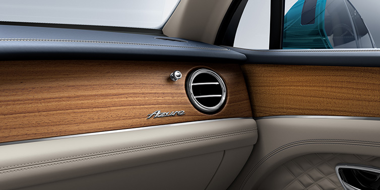 Bentley Kaohsiung Bentley Bentayga Extended Wheelbase Azure front dash showing Open Pore Koa veneer surrounded by Portland and Imperial Blue hides