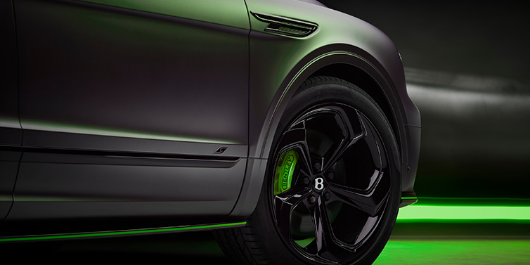 Bentley Kaohsiung Bentley Bentayga S Black Edition SUV exterior wheel detail with Cyber Green brakes with Anthracite Satin paint