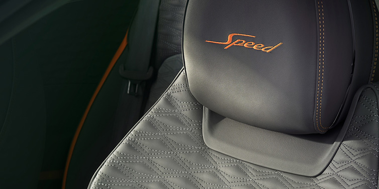 Bentley Kaohsiung Bentley Continental GT Speed coupe seat detail in Gravity Grey hide and Speed emblem in Mandarin by Mulliner coloured embroidery